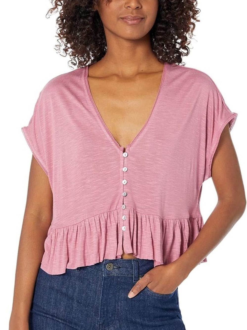 NWT Lucky Brand Casual Ruffle Button Front V Neck Top Dusty Rose Crop Shirt - Picture 7 of 7